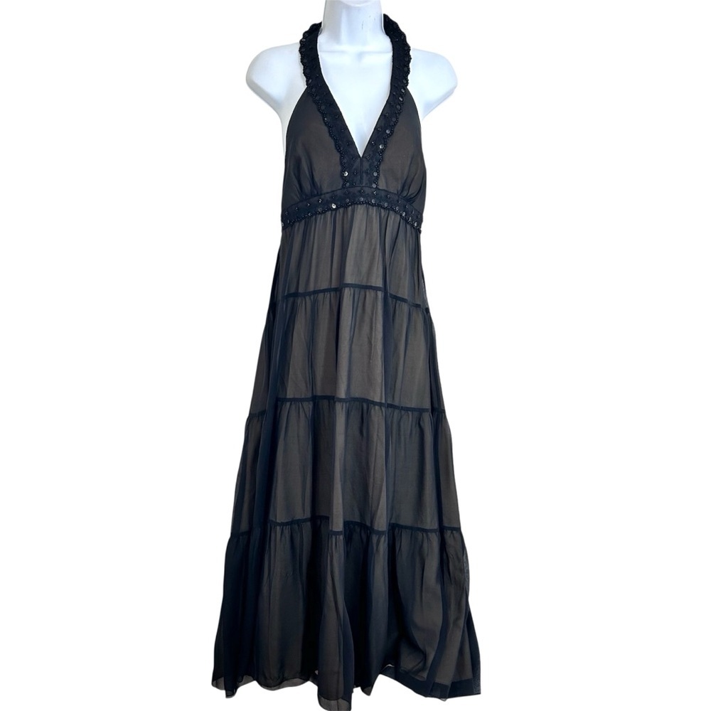 BCBG Paris Vtg Tiered Silk Beaded Babydoll Maxi Dress Sheer Black 8 Whimsigoth